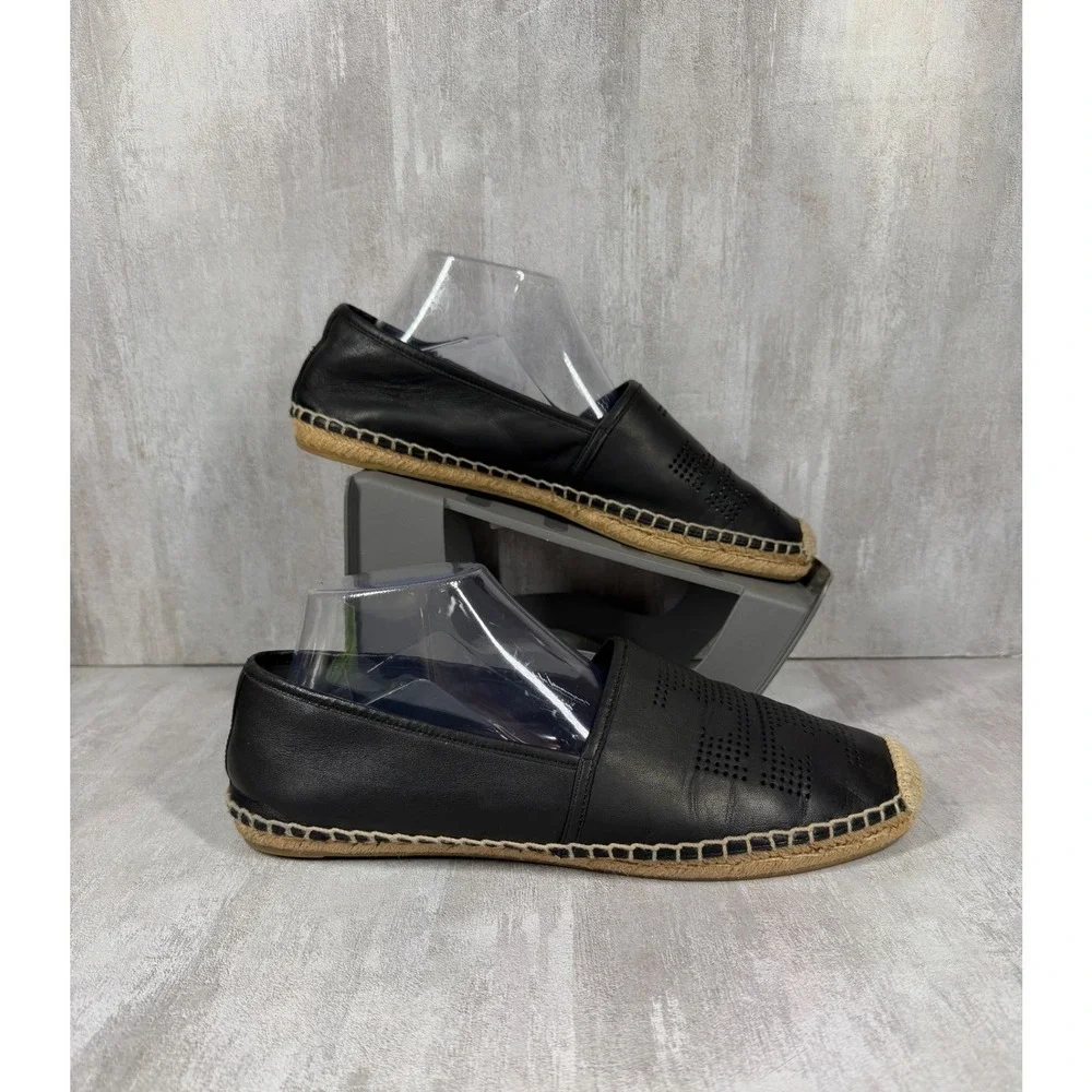 Tory Burch Ines Black Leather Perforated Logo Espadrille Flats Womens 11 50966